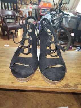 Black Suede Lace-Up Peep-Toe Wedge Sandals